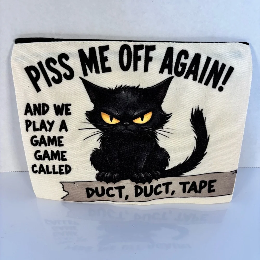 Novelty Cat Canvas Zippered Pouch/ Makeup Bag / Catnip Bag w/ Black Cat Design